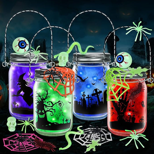 SpringFlower Halloween Craft for Kids, Halloween Mason Jar with Accessories,Halloween Art Activities Party Favors Supplies, Halloween DIY Lantern Jar,4 Pack