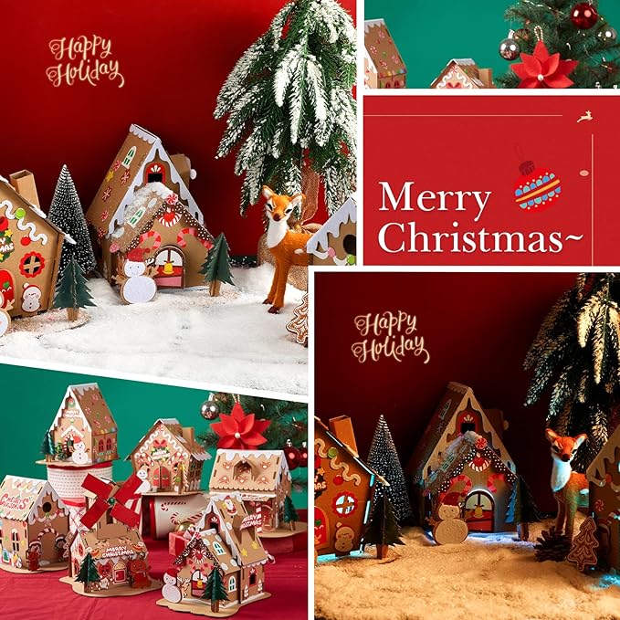 Yunsailing 6 Set Christmas Cardboard Gingerbread House Kit Christmas DIY Crafts Decorations Fun Xmas Holiday Home Party Gifts