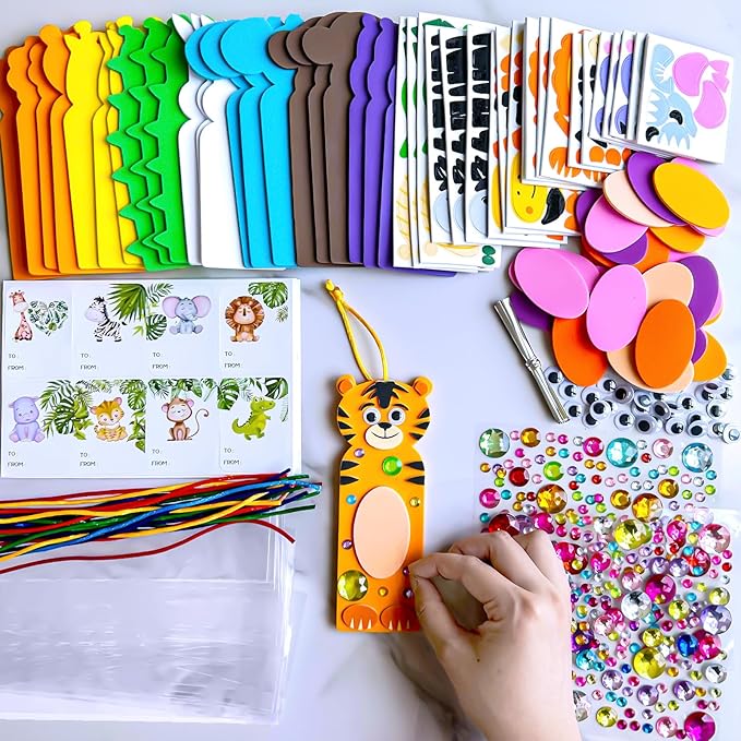 Winlyn 32 Sets Jungle Animal Craft Kits DIY Jungle Safari Zoo Wild Animal Bookmarks Decorations Art Sets Tiger Lion Zebra Foam Stickers for Kids Classroom Activities Reading Rewards Party Favors