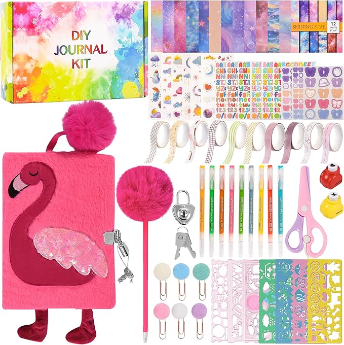 LiYiQ Plush Flamingo Diary Gift for Girls Kids Travel Journal Secret Diary with Scrapbook Paper Stickers Journal Stencils Pompom Pen and Washi Tape Practical Set Gift for Birthday Christma