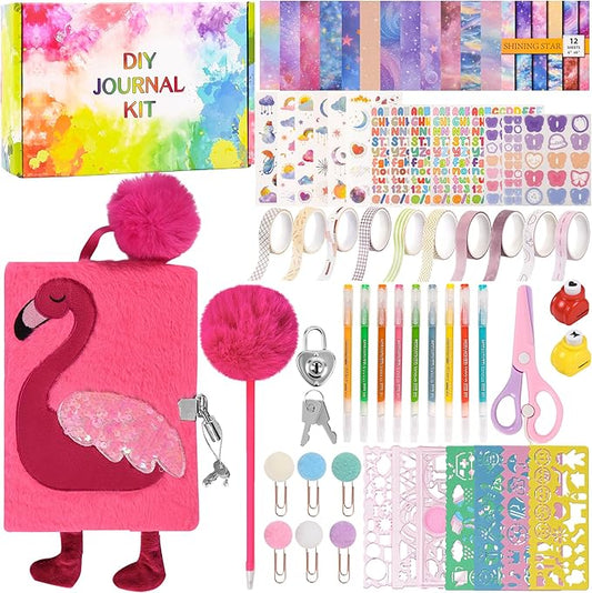 LiYiQ Plush Flamingo Diary Gift for Girls Kids Travel Journal Secret Diary with Scrapbook Paper Stickers Journal Stencils Pompom Pen and Washi Tape Practical Set Gift for Birthday Christma