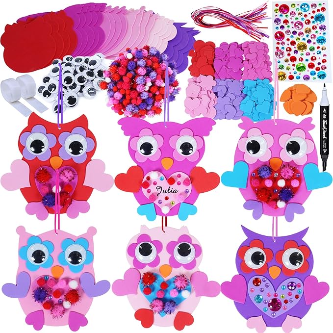 Winlyn 24 Sets Valentine Decorations DIY Heart Owl Ornaments Valentine Craft Kit Valentine Owl Art Sets Hearts Foam Valentine Stickers for Kids Valentine's Day Party Classroom Activities Gift Exchange