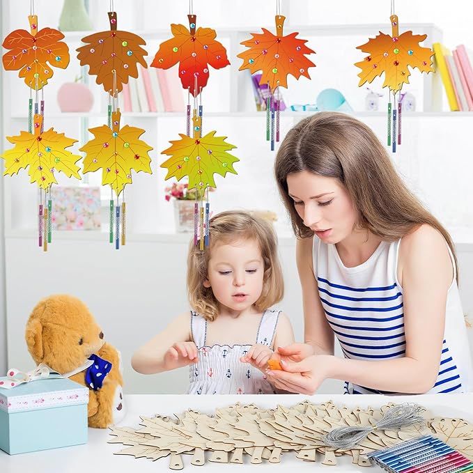 gisgfim 16 Pack Fall Wind Chime Kits for Kids Make Your Own Maple Leaves Wind Chime Wooden DIY Arts and Crafts for Thanksgiving Autumn Party School Classroom Decorations Supplies Birthday Favor