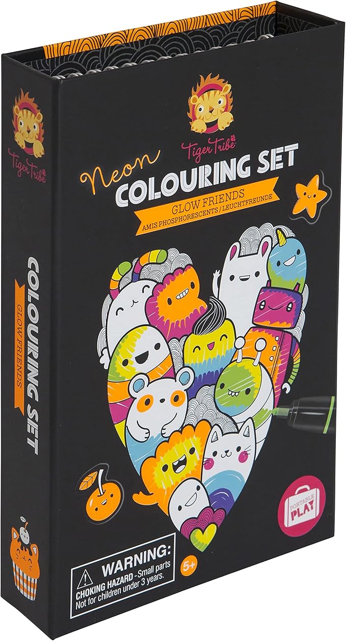 Tiger Tribe: Neon Coloring Set - Glow Friends - Activity Set w/Stickers, Themed Pages & Markers Stored Inside Magnetic Sealed Storage Box, Kid Age 4+