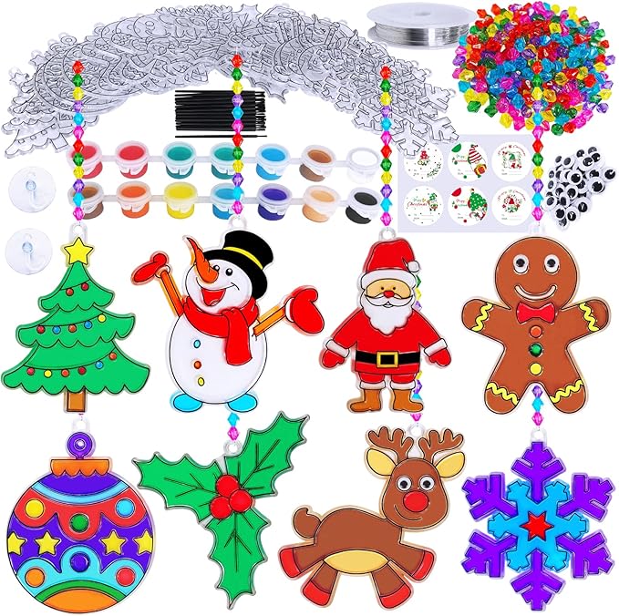 Winlyn 24 Sets Christmas Suncatchers Ornaments Decorations DIY Window Paint Art Suncatchers Christmas Craft Kits Santa Snowman Snowflake Reindeer Sun Catchers for Kids Classroom Activities Art Project