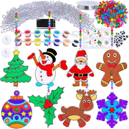 Winlyn 24 Sets Christmas Suncatchers Ornaments Decorations DIY Window Paint Art Suncatchers Christmas Craft Kits Santa Snowman Snowflake Reindeer Sun Catchers for Kids Classroom Activities Art Project