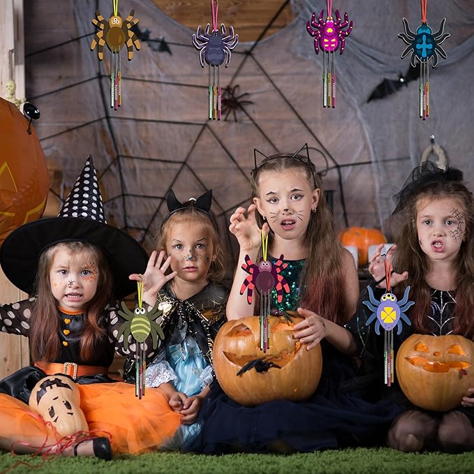 Fennoral 9 Pack Spider Wind Chime Kit for Kids Make You Own Spider Wind Chimes Wooden Arts and Crafts for Girls Boys DIY Coloring Halloween Hanging Ornaments Craft Activity Halloween Party Decorations