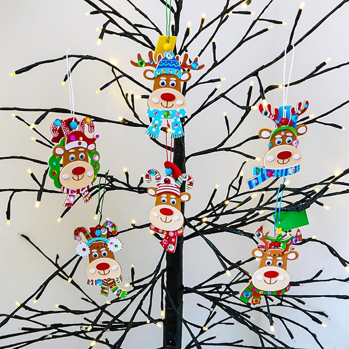 Winlyn 24 Sets Christmas Craft Kits Winter Crafts DIY Xmas Reindeer Head Ornaments Decorations Festive Foam Stickers Christmas Arts and Crafts for Kids Holiday Home Classroom Activities Party Favors