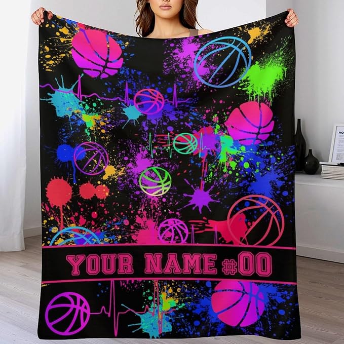 Custom Basketball Blanket - Soft Flannel Sports Blankets for Teens Adults Women Men Lovers - Warm Throw Blankets for All Season Lap, Chair, Sofa, Couch, Bed - 80"x60"