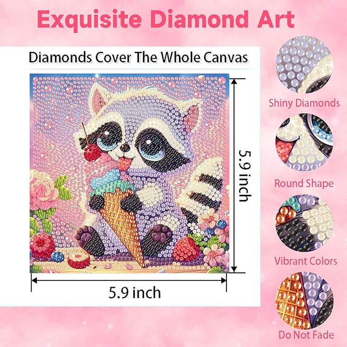 Raccoon Diamond Art Painting Kits with Frame- Animals Diamond Painting Kit with Frame, Cute DIY Diamond Art Kits as Wall Decoration 7X7 Inch