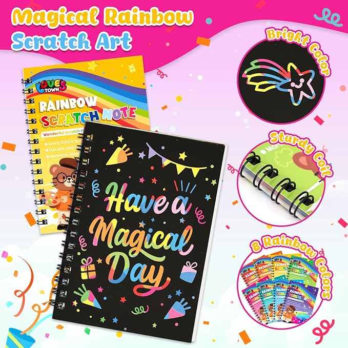 LovesTown 32 Pack Rainbow Scratch Art Notebook Party Favors Bulk for Kids, Rainbow Notebooks with Stencils & Gift Bags, Classroom Prizes Bulk for Girls Boys, Christmas Stocking Stuffers