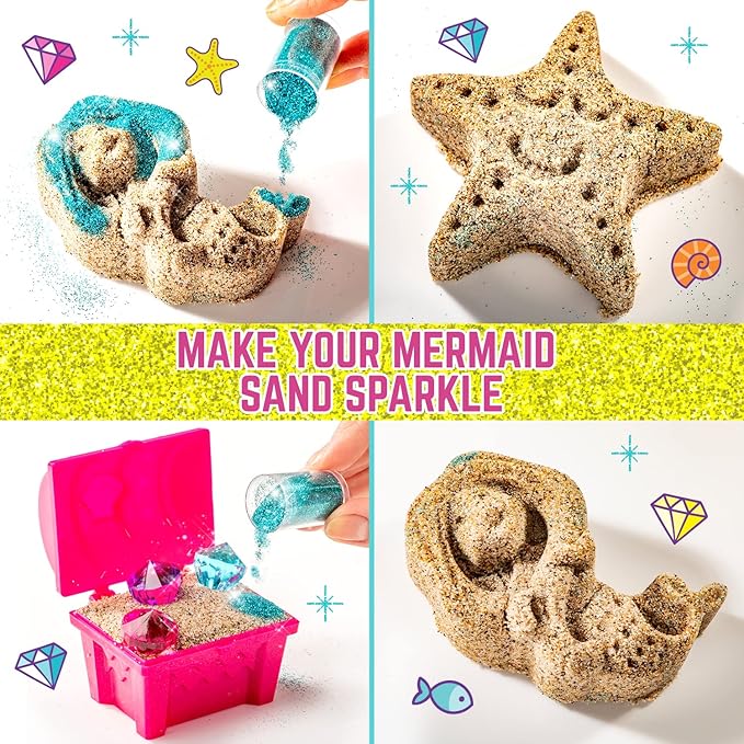 GirlZone Mermaid Sensory Sand Kit, 2lbs Moldable Play Sand for Kids Aged 3+, Magic Sand with Gems, Tools & Portable Treasure Chest, Kids Toys for Playdates, Party Games & Gifting