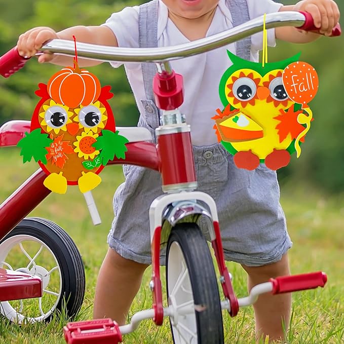 Winlyn 24 Sets Fall Craft Kits Thanksgiving Crafts DIY Fall Owl Ornaments Decoration Art Sets Autum Owl Maple Leaf Pumpkin Arts and Crafts Harvest Foam Stickers for Kids Halloween Classroom Activities