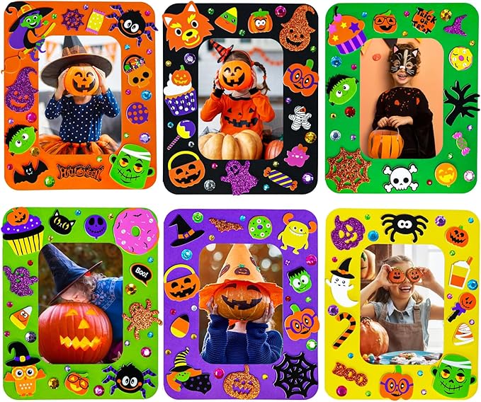 Winlyn 24 Sets Halloween Craft Kits DIY Halloween Picture Frame Decorations Art Sets Ghost Monster Jack-O'-Lantern Fall Leaf Festive Foam Stickers Arts and Crafts for Kids Party Classroom Activities