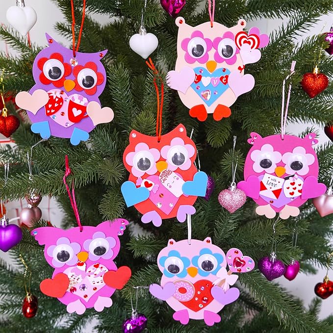 Winlyn 24 Sets Valentine's Day Craft Kits Heart Crafts DIY Valentine's Day Owl Ornaments Decorations Art Sets Foam Owl Heart Stickers for Kids Valentine's Day Party Classroom Activities Gift Exchange