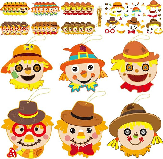 chiazllta 30 Pcs Thanksgiving Fall Craft for Kids Kindergarten DIY Scarecrow Craft Kits Fall Autumn Art Craft Make Your Own Scarecrow Head Set for Home Class Game Activities Preschoolers