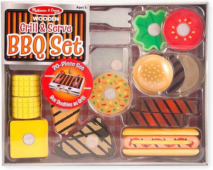 Melissa & Doug Grill and Serve BBQ Set (20 pcs) - Wooden Play Food and Accessories