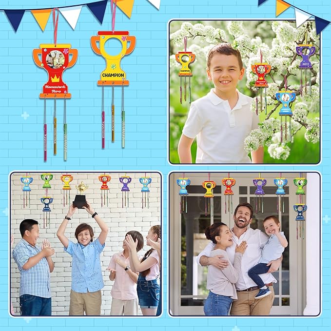 Fennoral 9 Pack Trophy Wind Chime Kit for Kids Make You Own Photo Frame Wind Chime DIY Coloring Wooden Art and Craft for Art Project Rewards Winning Prizes Birthday Christmas Party Favors
