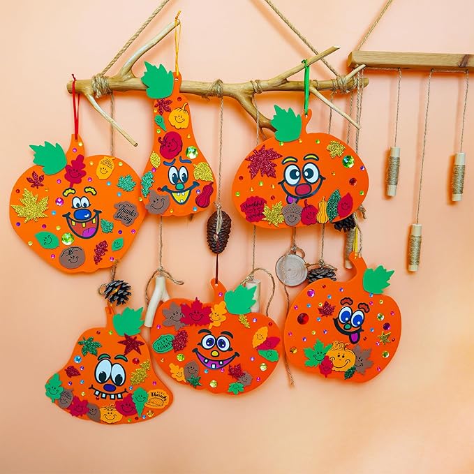 Winlyn 30 Sets Fall Halloween Pumpkin Decorations DIY Pumpkin Craft Kits Foam Pumpkin Shapes 8" W and Smile Fall Leaves Glitter Leaves Pumpkin Decorating Stickers for Kids Classroom Party Activities