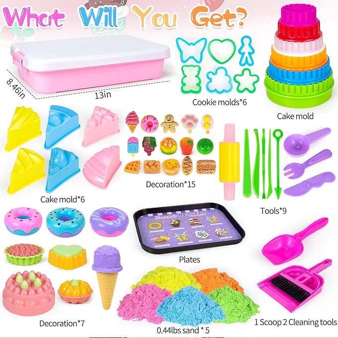 YongnKids Sensory Bin for Girls Kids,54 Pcs Ice Cream Cake Play Sand Art Kit with 2.2lb Color Sands/ 12 Cake Molds/Tools/Sandbox -Fun Sand Toys Birthday for Girls Toddler 3 4 5 6 Years Old