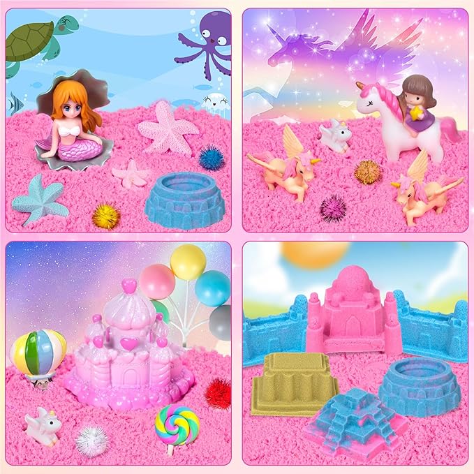 Hymaz Unicorn Sensory Bin, 47 pcs Unicorn & Ocean Sensory Bins for Kids 2-4 5-7, Kids Play Sand for Sandbox Toys, Sandbox with lid Castle Unicorn Toys for Girls Age 4-6 Indoor Xmas Birthday Gifts