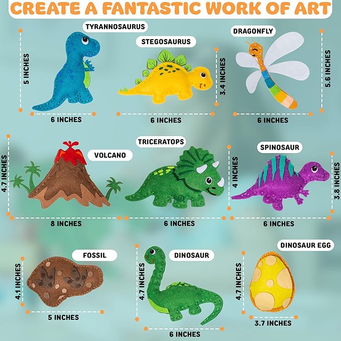 MOMOTOYS Sewing Kit for Kids, Fun & Educational Dinosaur Sew Craft Set for Boys and Girls Ages 8-12, Complete Beginner Kids Sewing Kit with Felt Plushie for Creative DIY Projects