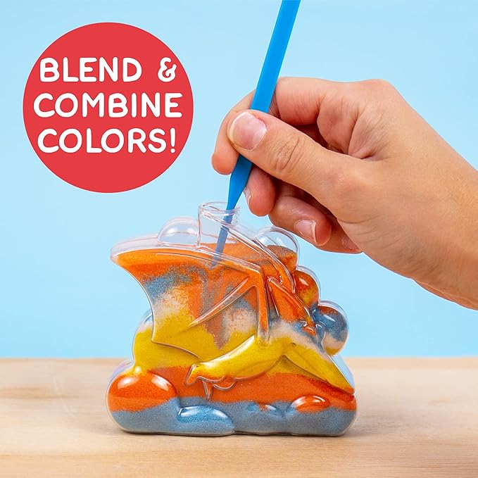 Made By Me Create Your Own Dinosaur Sand Art by Horizon Group USA, Includes 6 Dino-Themed Bottles with Caps, 8 Sand Colors, Glitter, Funnel & More, Multi