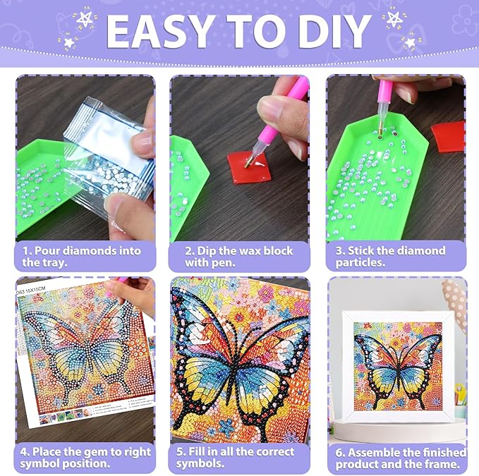 hkejoi Butterfly Diamond Art Painting Kits for Kids with Frame,Butterfly Diamond Art for Kids Ages 4-6-8-12,Easy Kids Gem Art Kit with Cartoon Box for Gift Home Wall Decor 7x7 inch