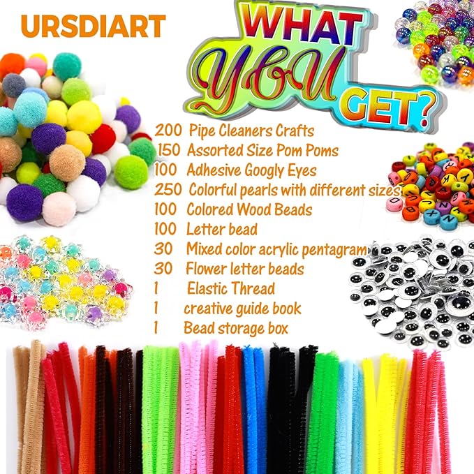 URSDIART 1000+Pcs Art and Craft Supplies, Colored Beads and Pipe Cleaners Crafts, Art Supplies DIY Craft Kit Beads for Bracelets Making Jewelry Necklace, Gift for Girls and School Supplies