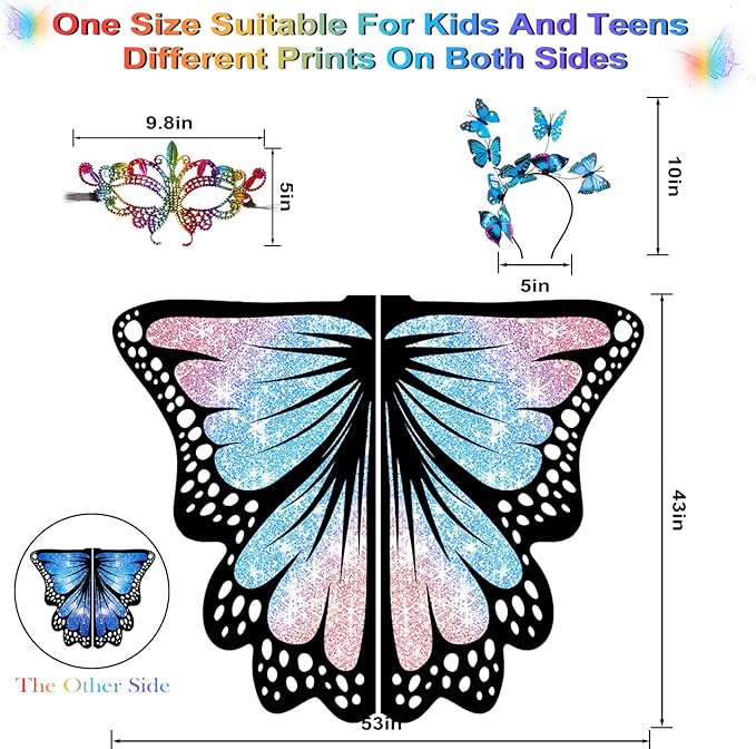 Butterfly Wings For Girls, Double-Sided Fairy Wings, Halloween Costumes for Kids, 3PCS Butterfly Cape Set.