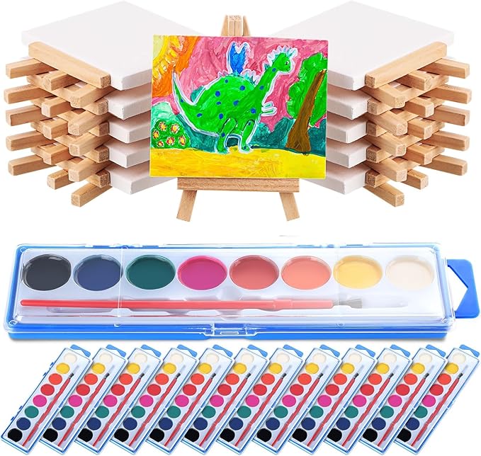 Fuutreo Watercolor Paint Sets 3x4 Mini Canvas Easel Paints Brush Set Kids Art Party Favors and Party Supplies Watercolor Paint Party Favors Washable Watercolor Bulk for Kids Birthday Prizes (48 Pcs)