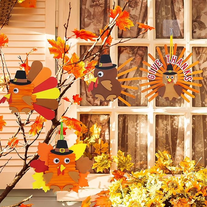 Winlyn 24 Sets Thanksgiving Craft Kits Fall Crafts DIY Give Thanks Thanksful Turkey Ornaments Decorations Art Sets Wood Craft Sticks Turkey Foam Stickers Googly Eyes for Kids Classroom Activities