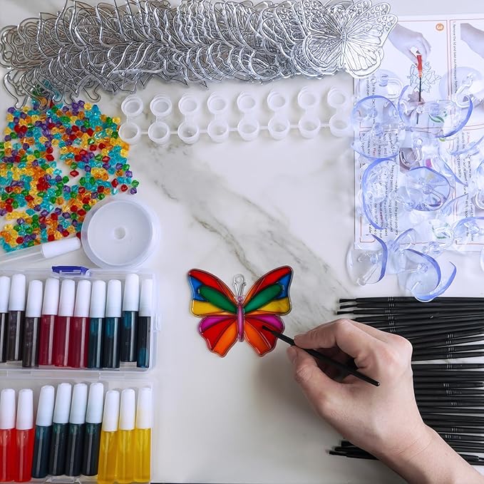 Winlyn 27 Sets Butterfly Suncatchers Ornaments Decorations DIY Window Paint Art Suncatchers Butterfly Suncatchers Painting Craft Kits for Kids Classroom Spring Easter Party Activities Art project