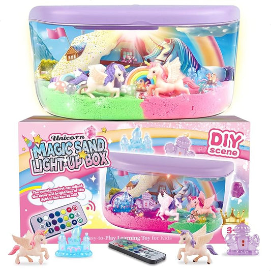 Unicorn Terrarium Kit Gifts for Kids - DIY Night Light Up with Remote - Unicorn Toys for Girls Ages 4 5 6 7 8 9 10 11 12 + Year Old Fun Easter Birthday Sand Arts and Crafts for Kids