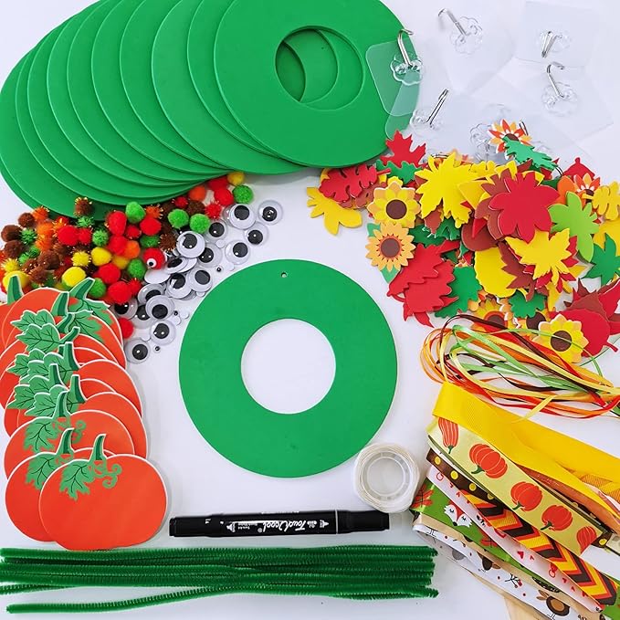 Winlyn 12 Sets Fall Craft Kits Kids Thanksgiving Halloween Pumpkin Crafts DIY Fall Foam Wreath Signs Decorations Art Sets Autumn Leaf Pumpkin Stickers Arts and Crafts for Kids Classroom Acitivities