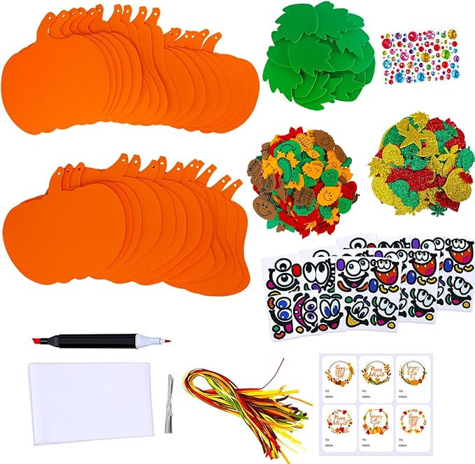 Winlyn 30 Sets Fall Halloween Pumpkin Decorations DIY Pumpkin Craft Kits Foam Pumpkin Shapes 8" W and Smile Fall Leaves Glitter Leaves Pumpkin Decorating Stickers for Kids Classroom Party Activities