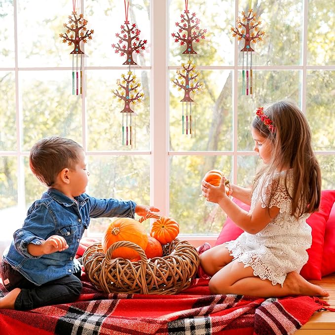 Fennoral 10 Pack Fall Wind Chime Kit for Kids Make You Own Fall Tree Wind Chime Wooden Arts and Crafts for Girls Boys DIY Coloring Fall Craft Activity Autumn Party Deocration