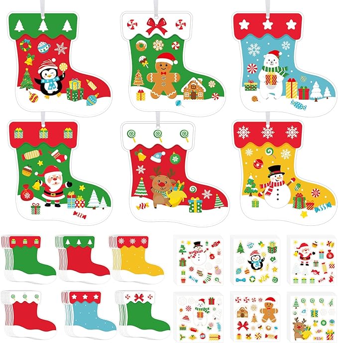 COCHIE 48Pcs DIY Christmas Craft Kits for Kids, Christmas Tree Stockings Ornaments Kit, Make Your Own Christmas Stockings Craft Xmas Party Decor DIY Stockings Cutouts for Holiday Handcraft Supplies