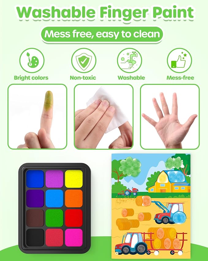 D-FantiX Dot Art Sticker Activity Book with Ink Pad, Mess-Free Finger Painting for Toddlers, Dinosaur, Animal, Outer Space, Vehicle Arts and Crafts, Kids Travel Activities, Boys Easter Basket Stuffers