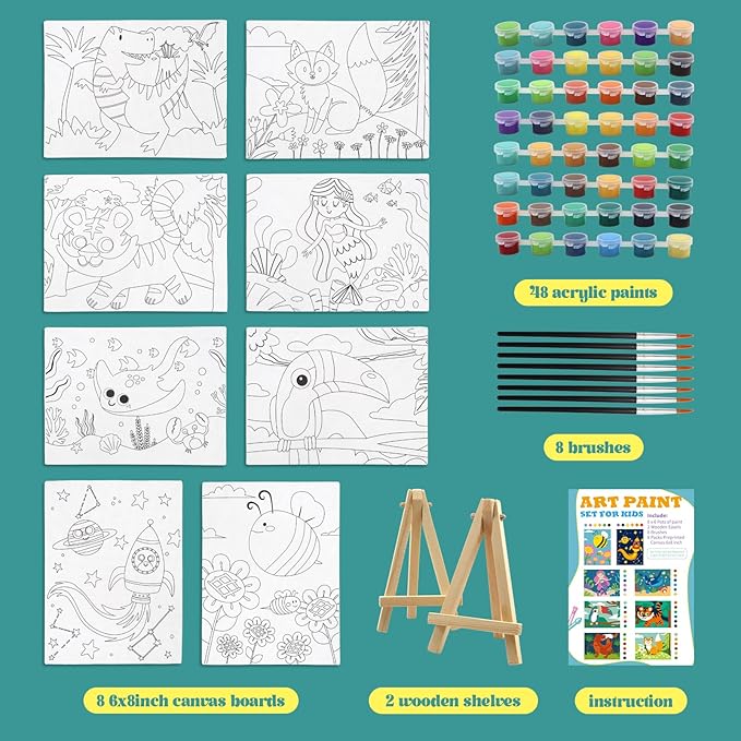 8 Packs Predrawn Canvas for Painting Kids Painting Canvas for Kids Painting Kits for Kids 4-8, 48 Paints, 8 Brushes 2 Easels, 8 6x8 Printed Canvas to Paint for Girls Boys and Beginners