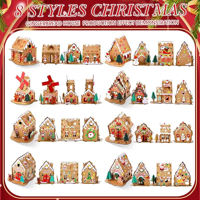 Yunsailing 24 Set Christmas Craft Kit Christmas Gingerbread House Kit Xmas Craft House Make a Gingerbread House Craft 3D Christmas Crafts for Boy Girl Xmas Party Game Craft Supplies