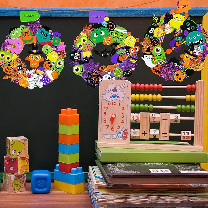 Winlyn 12-Pack Halloween Craft Kits Fall Crafts DIY Halloween Wreath Ornaments Decorations Art Sets Halloween Foam Stickers Arts and Crafts for Kids Classroom Party Activities Holiday Festive Projects