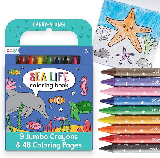 Ooly Travel Art Kit with 9 Jumbo Crayons & 48 Themed Coloring Pages & Case for Easy Traveling Art Creation, Perfect Airplane Travel Set to Entertain Kids - Sea Life
