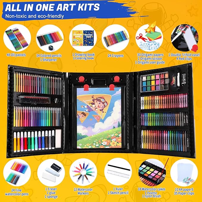 All in One Art Supplies, Art Kit Includes Easel, Origami Paper, Colored Pencils, Crayons, Drawing Book, Coloring Book, Watercolor Pens, Markers and Oil Pastels, Gifts for Girls Boys Teens, Black