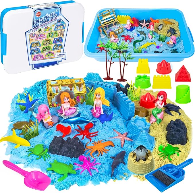 Ocean Sensory Bin, Mermaid Play Sand Kits Sensory Playsand for Boys Girls Ages 3 4 5 6 7 8 Gifts, 57 Pcs Mermaid Sensory Sand Kit Toys Castle Sea Animal Molds Sandbox Play Sand Kits Gift