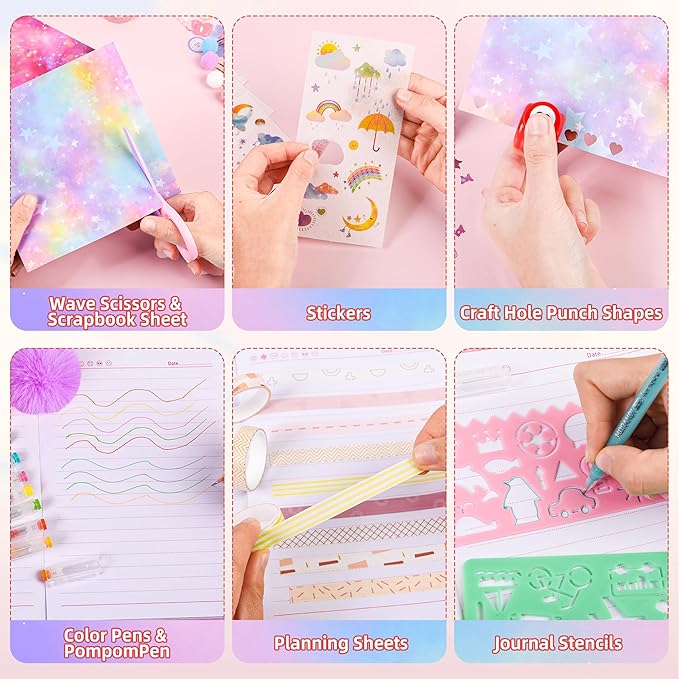 LiYiQ Plush Cat Diary Gift for Girls Kids Travel Journal Secret Diary with Scrapbook Paper Stickers Journal Stencils Pompom Pen and Washi Tape Practical Set Gift for Birthday Christma