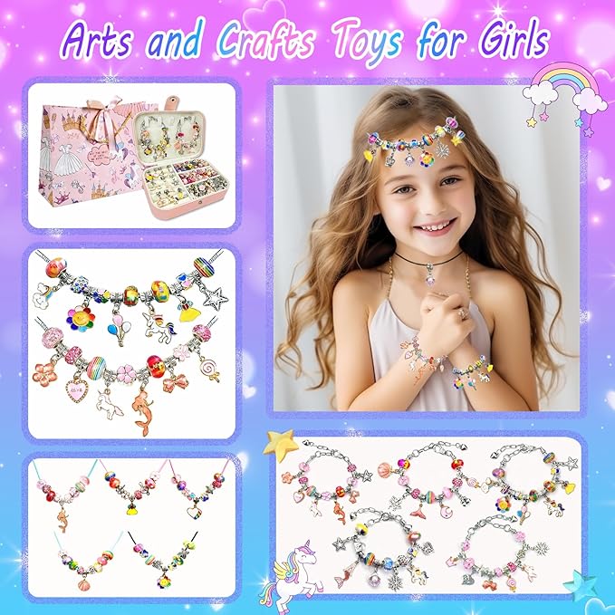 Charm Bracelet Making Kit for Girls 8-12, DIY Bead Jewelry Making Kit with Box, Arts and Crafts for Kids 6-8 Gifts for Girl Toys Age 6 7 8 9 10 11 12 Festival Birthday