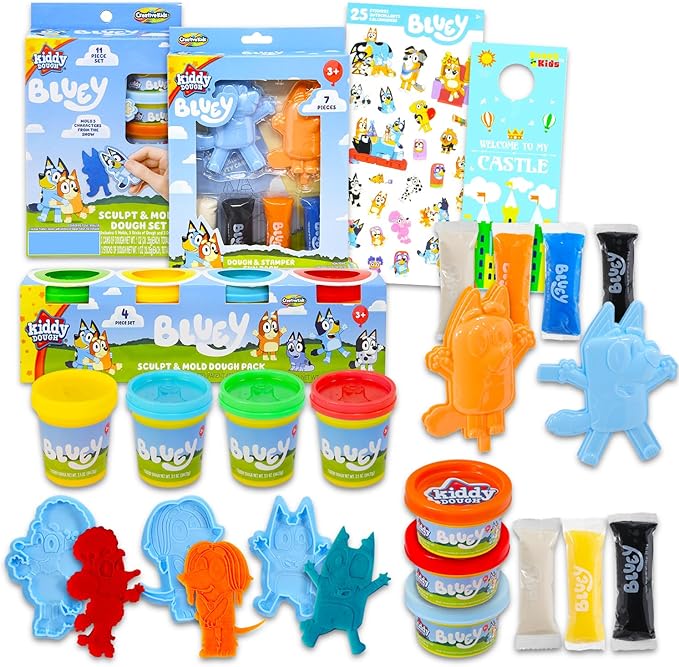 Bluey Dough Super Set - Bundle with Bluey Dough Tubs, Dough Sticks, Character Molds for Boys, Girls Plus Stickers | Bluey Sensory Dough Variety Pack for Kids
