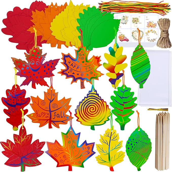 Winlyn 48 Sets 12 Desgins Colorful Magic Color Scratch Fall Leaves Ornaments Decoration Autumn Scratch Art Leaves Fall Leaf Craft Kits for Kids Halloween Thanksgiving Classroom Activities Party Favors