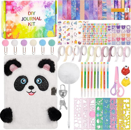 LiYiQ Plush Panda Diary Gift for Girls Kids Travel Journal Secret Diary with Scrapbook Paper Stickers Journal Stencils Pompom Pen and Washi Tape Practical Set Gift for Birthday Christma